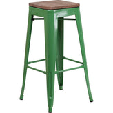 30" High Backless Tolix Barstool with Square Wood Seat - Green