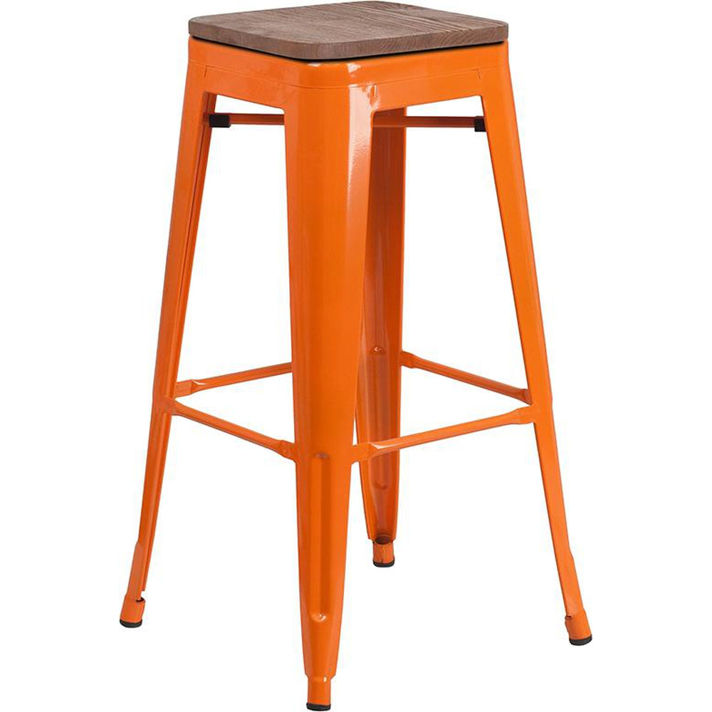 30" High Backless Tolix Barstool with Square Wood Seat - Orange