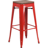 30" High Backless Tolix Barstool with Square Wood Seat - Red