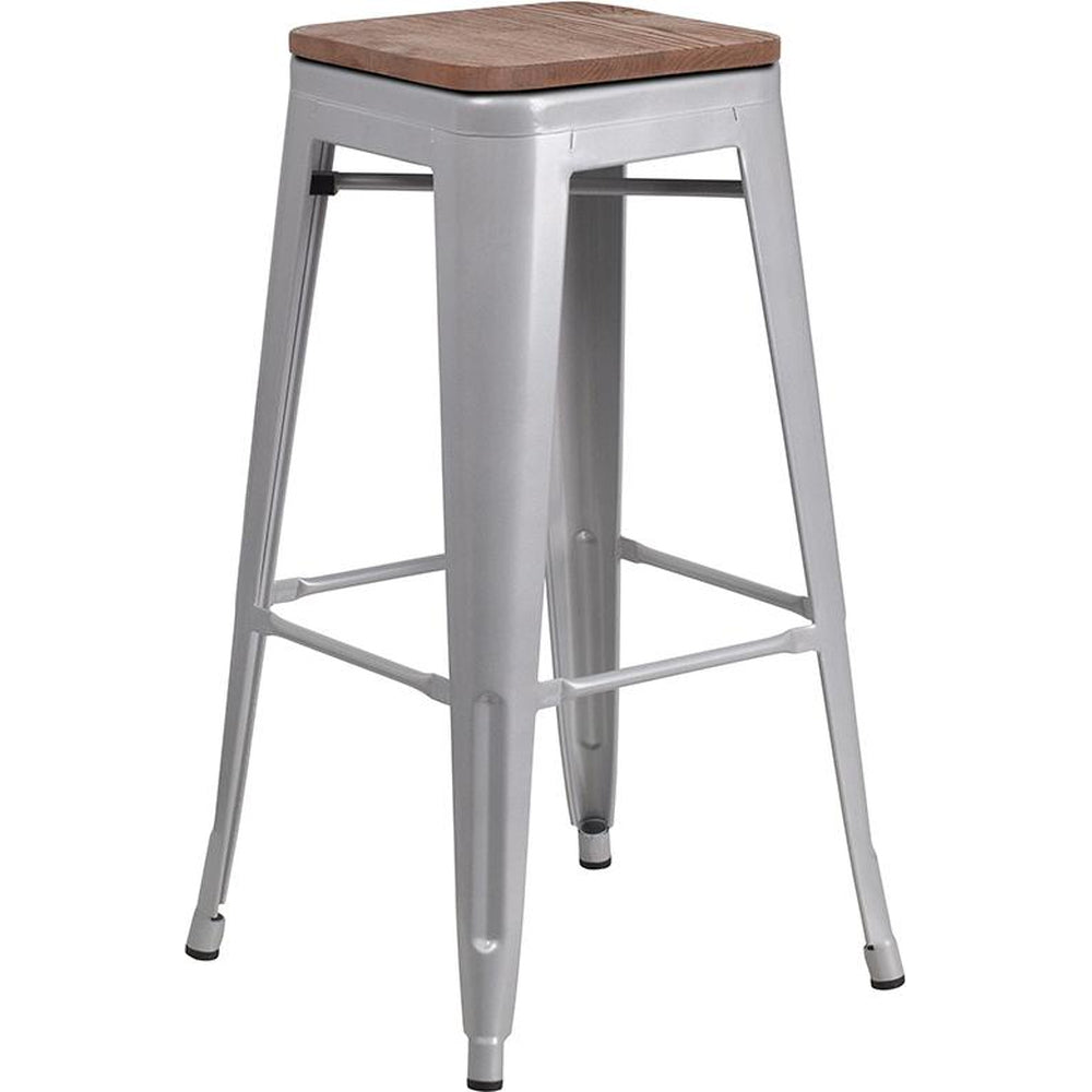 30" High Backless Tolix Barstool with Square Wood Seat - Silver