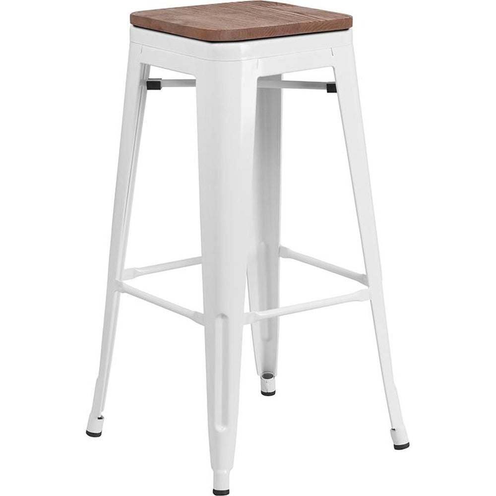30" High Backless Tolix Barstool with Square Wood Seat - White