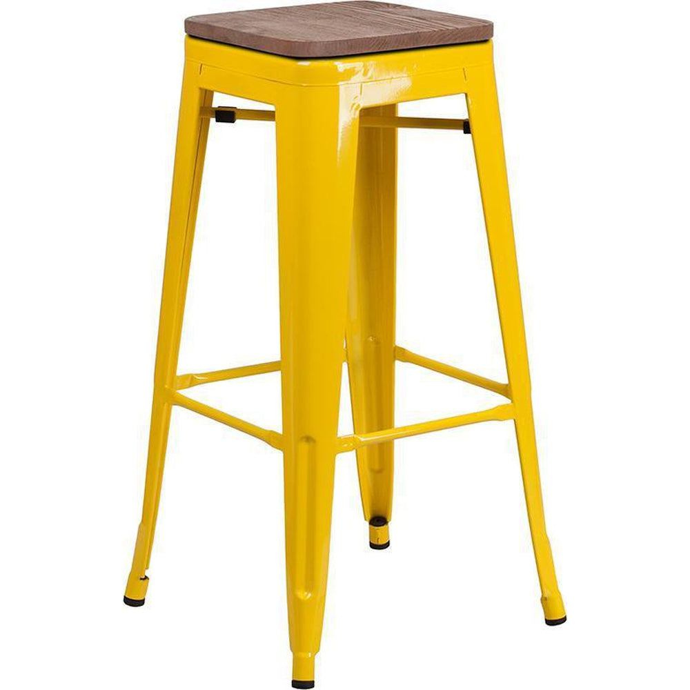 30" High Backless Tolix Barstool with Square Wood Seat - Yellow