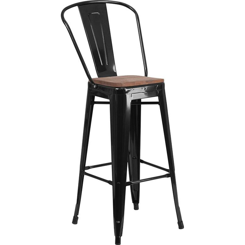 30" High Tolix Barstool with Back and Wood Seat - Black
