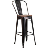 30" High Tolix Barstool with Back and Wood Seat - Black Antique Gold