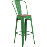30" High Tolix Barstool with Back and Wood Seat - Green