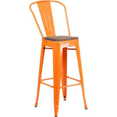 30" High Tolix Barstool with Back and Wood Seat - Orange