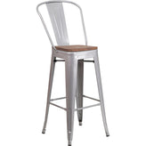 30" High Tolix Barstool with Back and Wood Seat - Silver