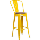 30" High Tolix Barstool with Back and Wood Seat - Yellow