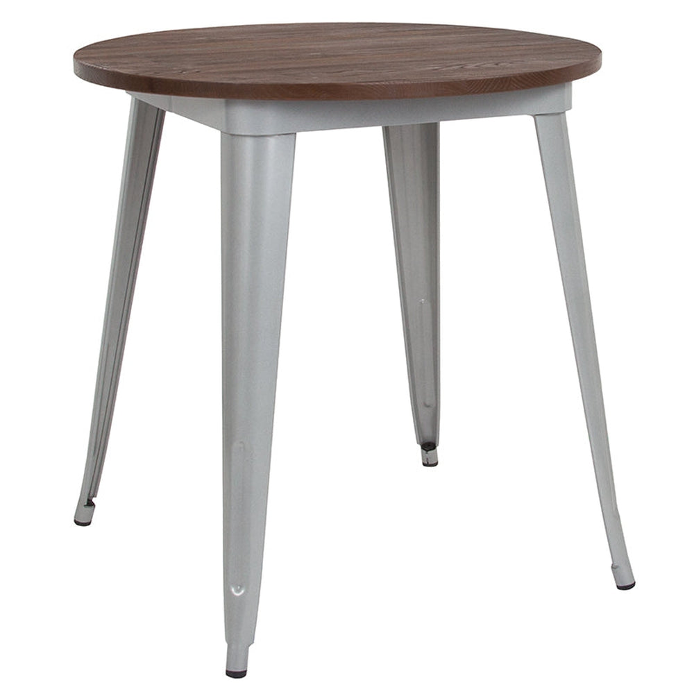 26 inch round black and gray tolix indoor table with wood top