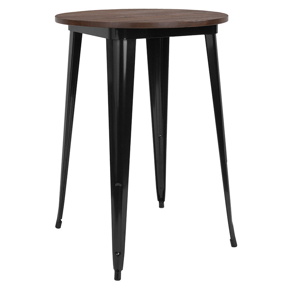 30 inch round black and gray tolix indoor bar height table with wood top