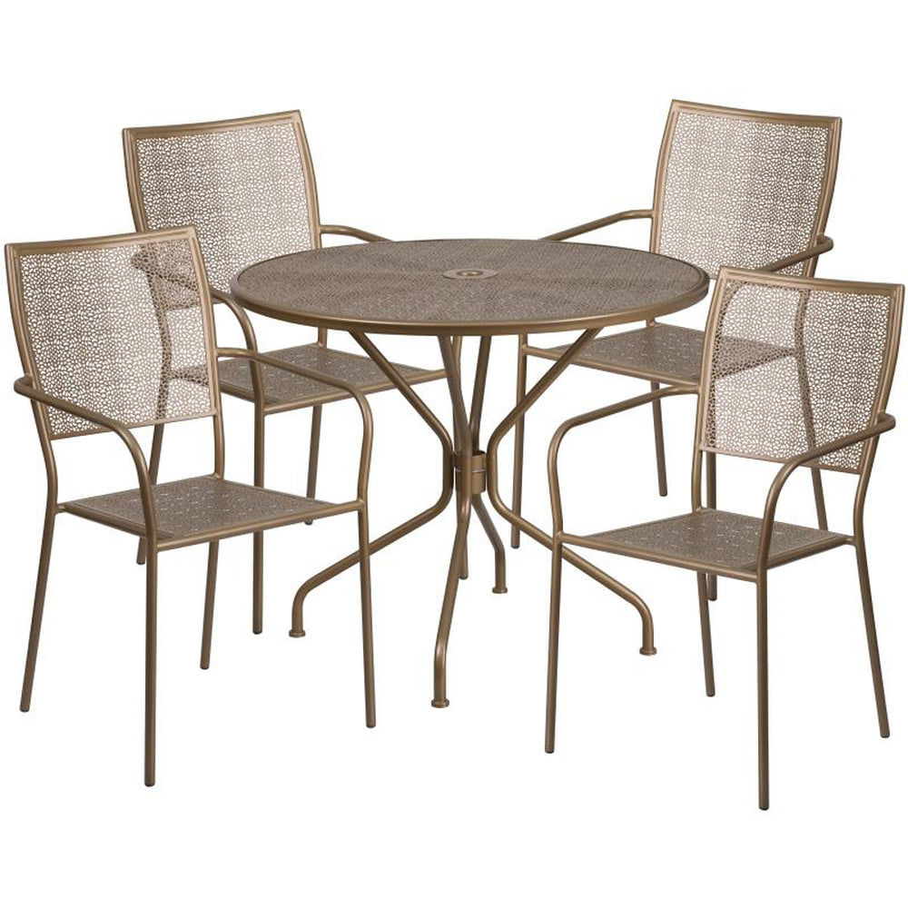 Oia 35" Round Outdoor Steel Patio Table Set with 4 Square Back Chairs