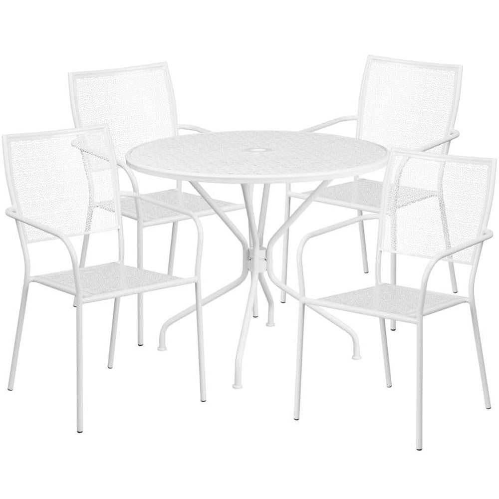 Oia 35" Round Outdoor Steel Patio Table Set with 4 Square Back Chairs