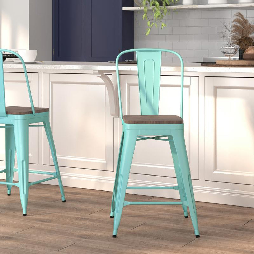 Carly 24" High Metal Counter Height Indoor Stool with Back and Wood Seat
