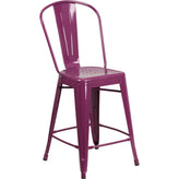 tolix style 24 high purple metal indoor outdoor counter height stool with back