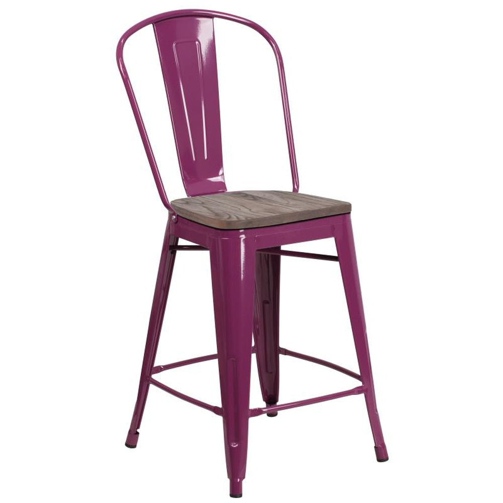 Carly 24" High Metal Counter Height Indoor Stool with Back and Wood Seat