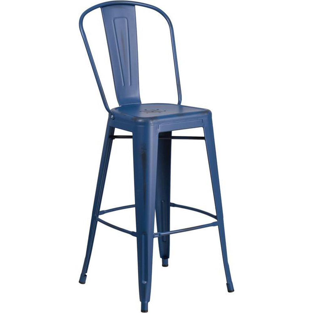 tolix style 30 high distressed yellow metal indoor outdoor barstool with back