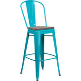 30" High Tolix Barstool with Back and Wood Seat - Crystal Teal Blue