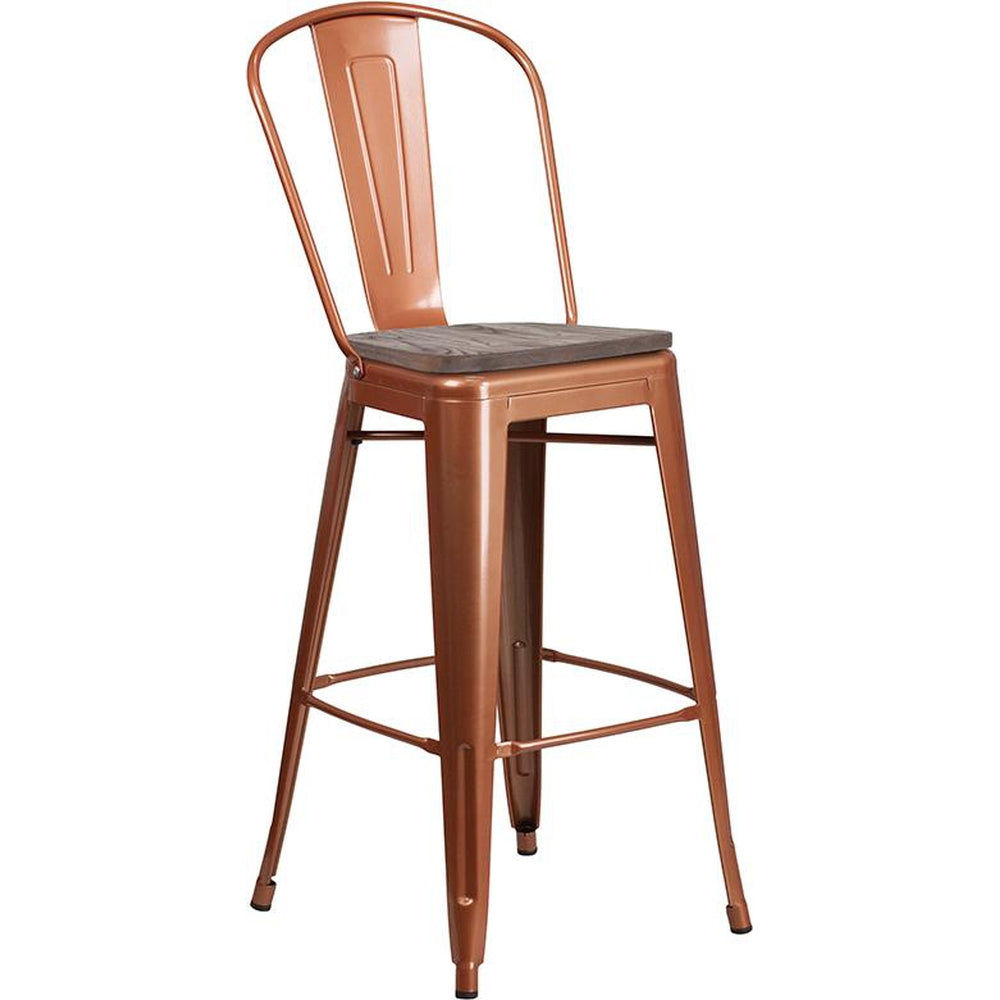30" High Tolix Barstool with Back and Wood Seat - Copper