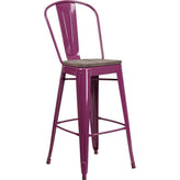 30" High Tolix Barstool with Back and Wood Seat - Purple