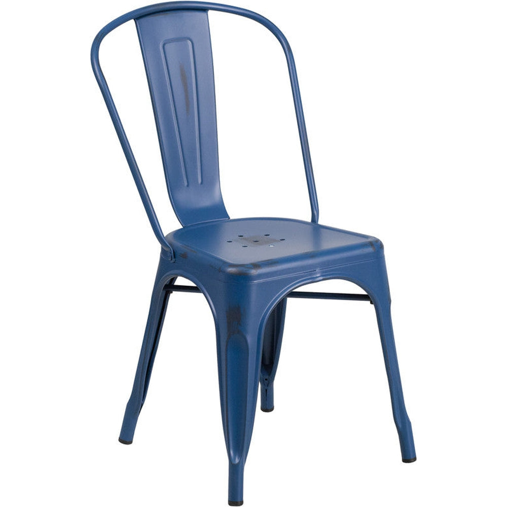 distressed antique blue metal indoor outdoor stackable chair