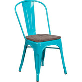 Tolix Stackable Chair with Wood Seat - Crystal Teal Blue