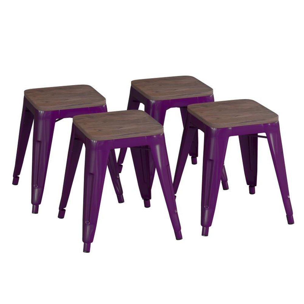 Kai 18" Dining Height Backless Metal Indoor Stackable Stool with Wooden Seat - Set of 4