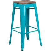 30" High Backless Tolix Barstool with Square Wood Seat - Crystal Teal Blue