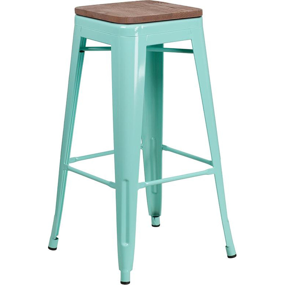 30" High Backless Tolix Barstool with Square Wood Seat - Mint Green