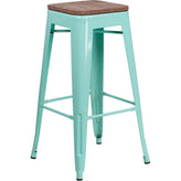 30" High Backless Tolix Barstool with Square Wood Seat - Mint Green