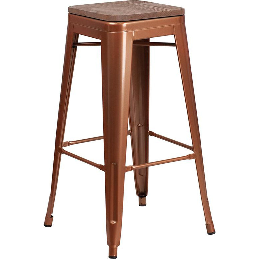 30" High Backless Tolix Barstool with Square Wood Seat - Copper