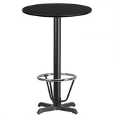 24 inch round black laminate table top with 22 inch x 22 inch bar height table base and ft ring