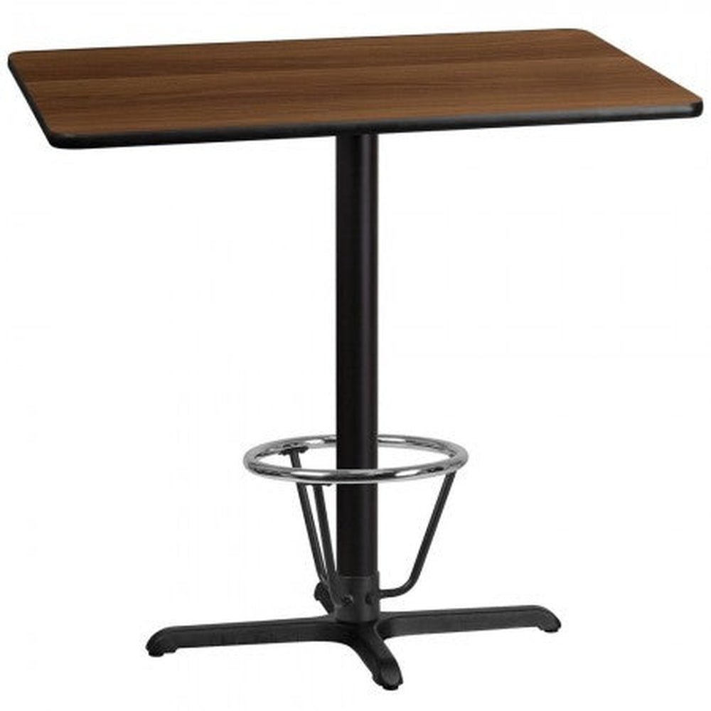 30inch x 42inch rectangular laminate table top with 24inch round bar height table base and foot ring