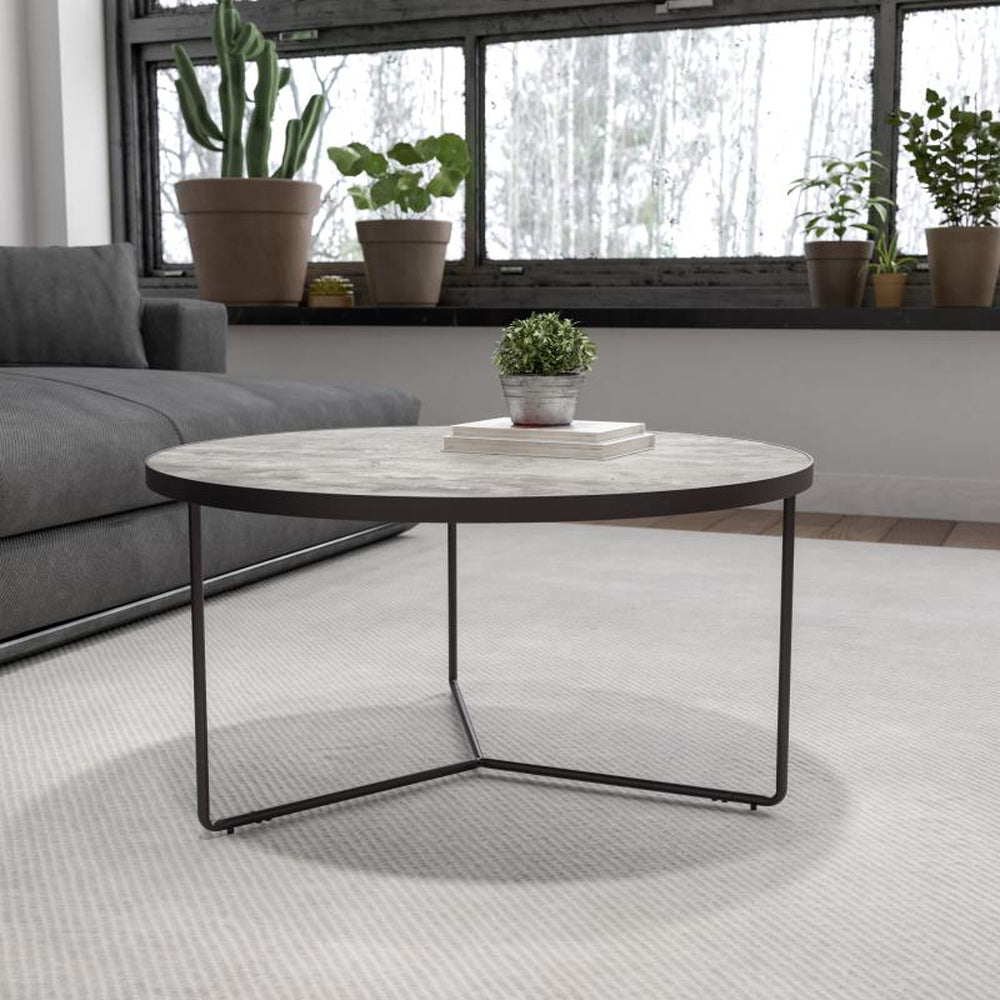 Providence Collection 31.5" Round Indoor Living Room Coffee Table in Faux Concrete Finish