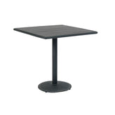 outdoor black steel table with imitation teak slat top