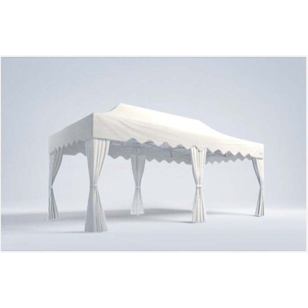 26x13ft canopy tent with scalloped valances and corner curtains