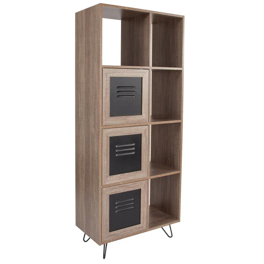 Woodridge Collection 63"H 5 Cube Storage Organizer Bookcase with Metal Cabinet Doors in Rustic Wood Grain Finish