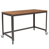 Livingston Collection Computer Table and Desk in Brown Oak Wood Grain Finish with Metal Wheels