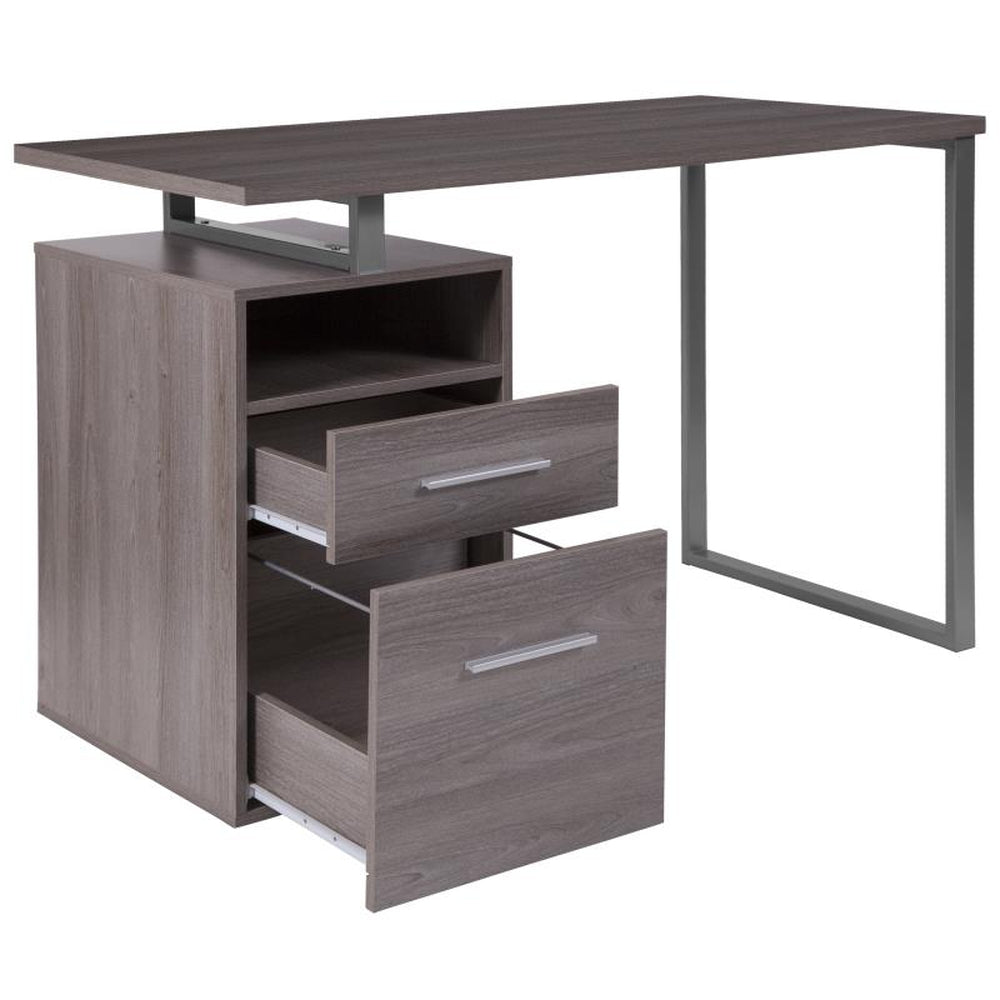 Harwood Ash Wood Grain Finish Computer Desk with Two Drawers and Silver Metal Frame