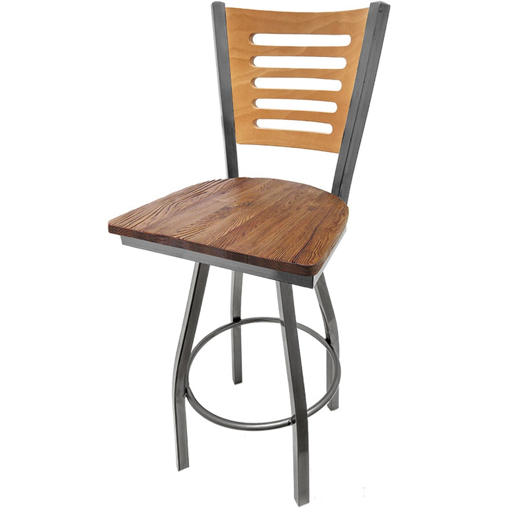 5 line wood back barstool with clear coat swivel frame