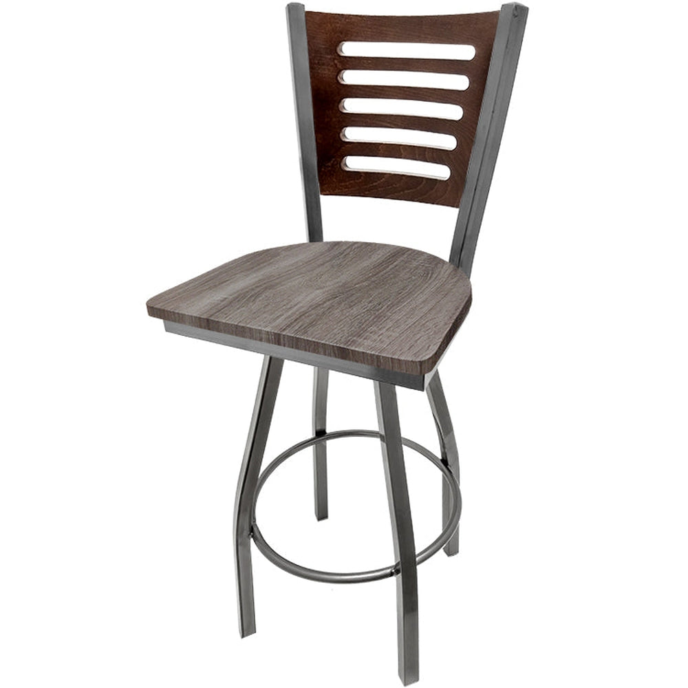 5 line wood back barstool with clear coat swivel frame