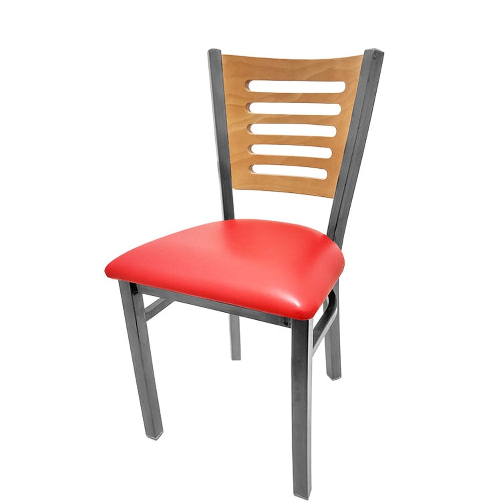 5 line wood back chair with clear coat frame