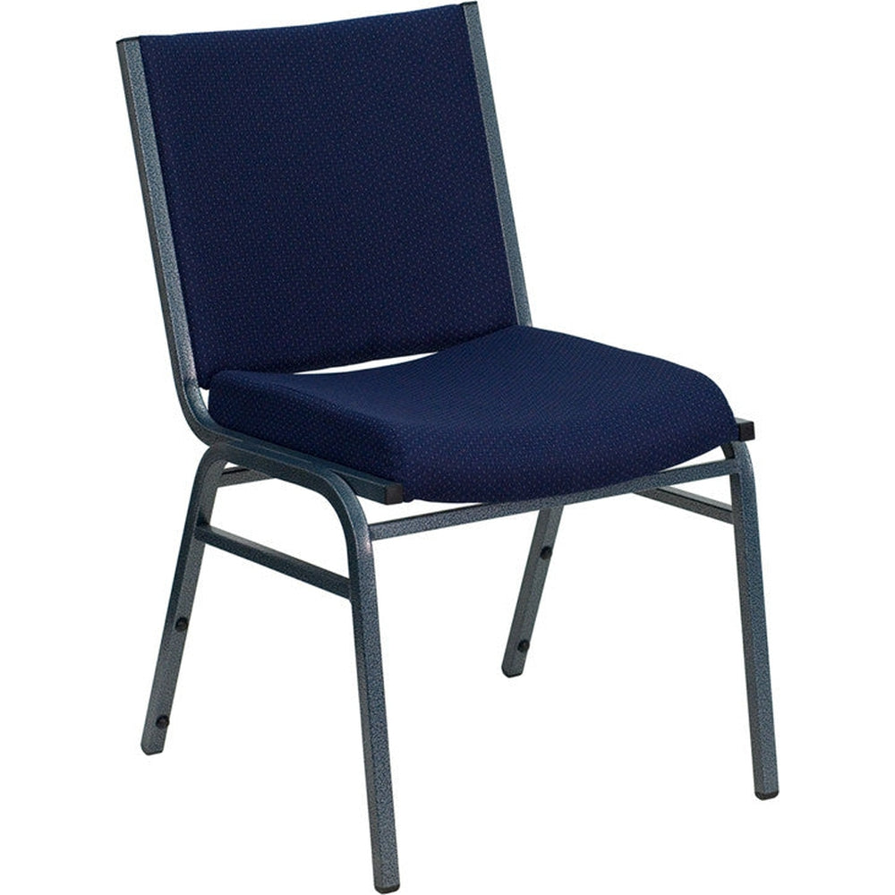 heavy duty 3 thickly padded navy blue patterned upholstered stack chair with ganging bracket