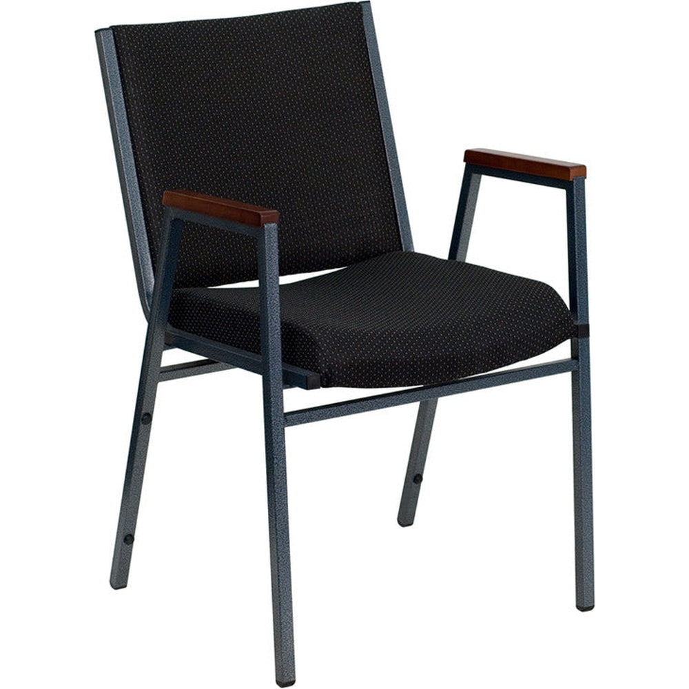 heavy duty 3 thickly padded black patterned upholstered stack chair with arms and ganging bracket