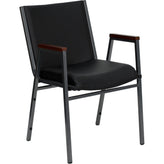 heavy duty 3 thickly padded black vinyl upholstered stack chair with arms and ganging bracket