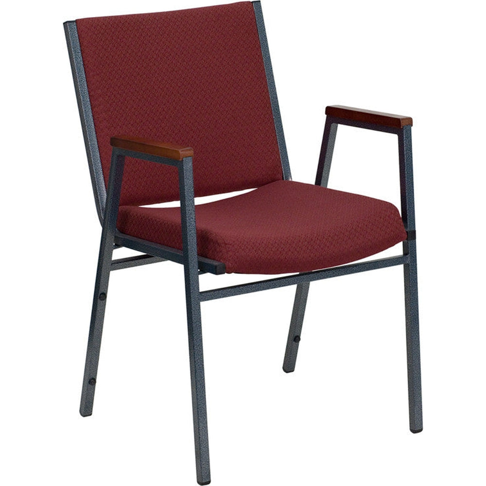 heavy duty 3 thickly padded burgundy patterned upholstered stack chair with arms and ganging bracket