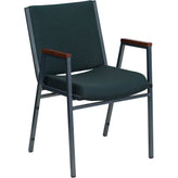 heavy duty 3 thickly padded green patterned upholstered stack chair with arms and ganging bracket