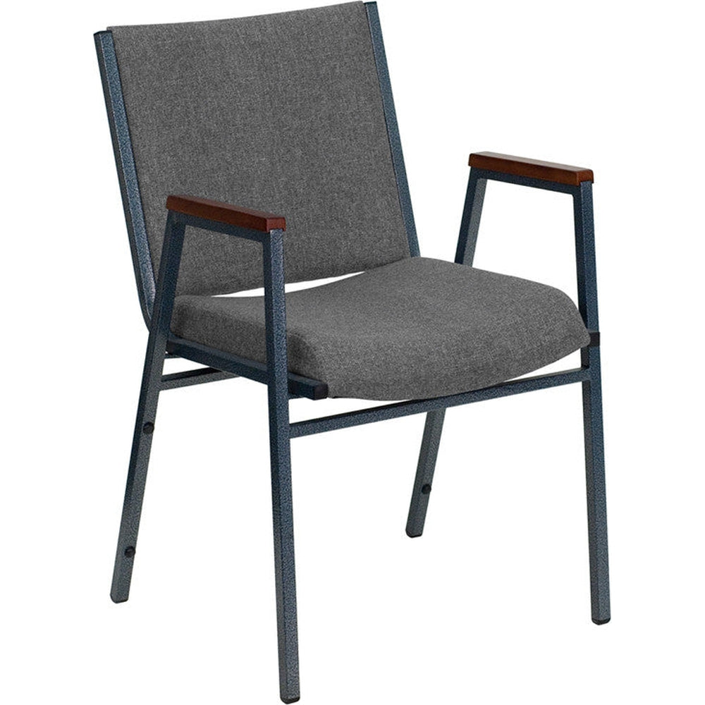 heavy duty 3 thickly padded gray upholstered stack chair with arms and ganging bracket