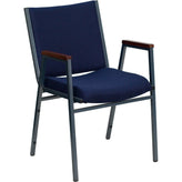 heavy duty 3 thickly padded navy patterned upholstered stack chair with arms and ganging bracket