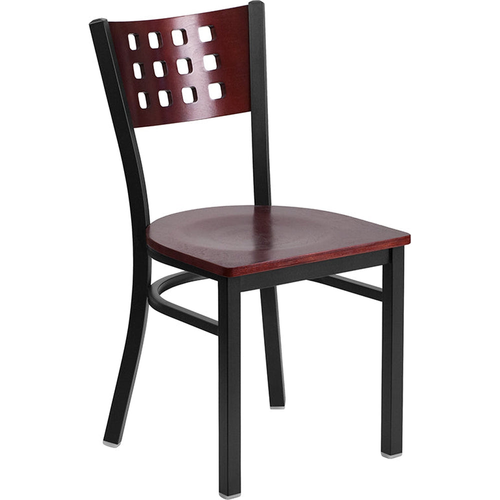 hercules series black cutout back metal restaurant chair mahogany wood back