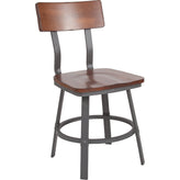 flint series rustic walnut restaurant chair with wood seat and back and gray powder coat frame